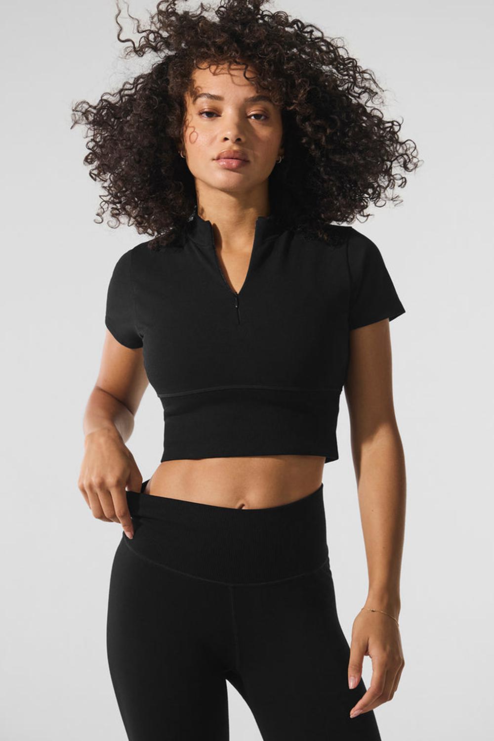 Black Women Alo Yoga Seamless Winter Warm Plush Cropped Short Sleeve | Australia  27804-VIQN