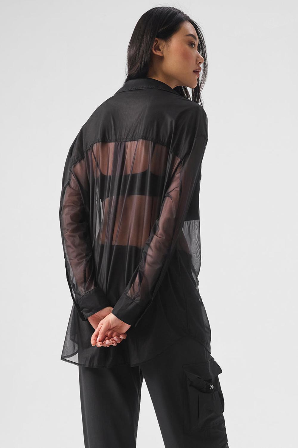 Black Women Alo Yoga Sheer Effusion Button Down Long Sleeve | Australia  07524-KGOQ