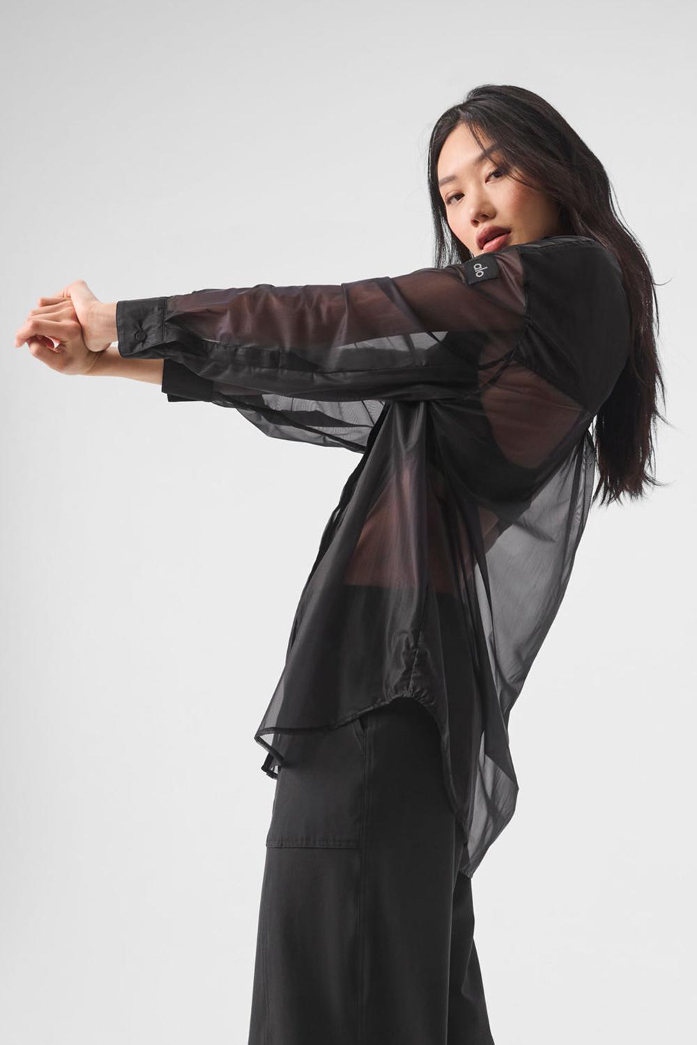 Black Women Alo Yoga Sheer Effusion Button Down Long Sleeve | Australia  07524-KGOQ