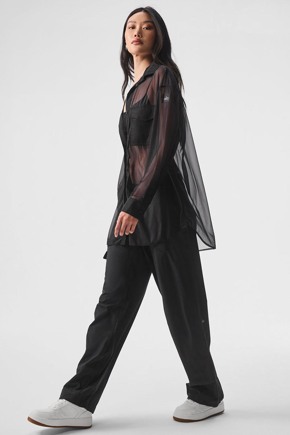 Black Women Alo Yoga Sheer Effusion Button Down Long Sleeve | Australia  07524-KGOQ