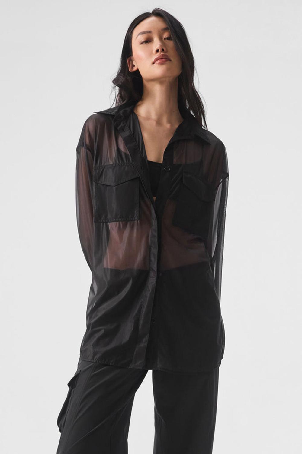 Black Women Alo Yoga Sheer Effusion Button Down Long Sleeve | Australia  07524-KGOQ