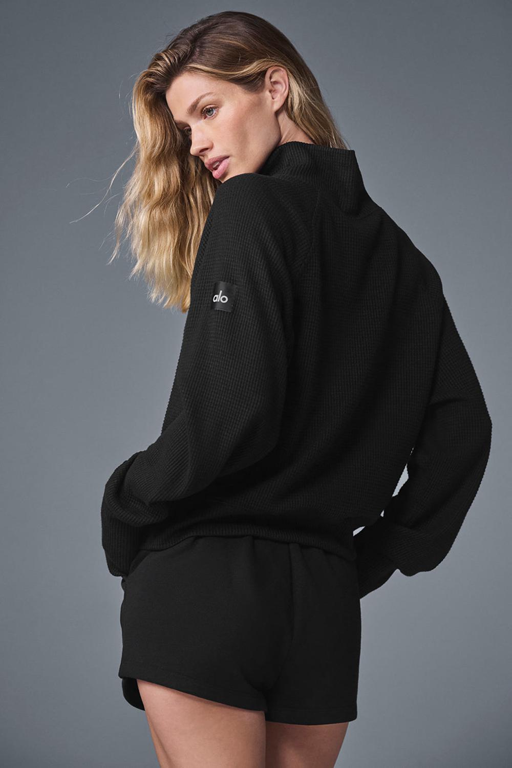 Black Women Alo Yoga Waffle Weekend Escape Mock Neck Long Sleeve | Australia  24581-BERZ
