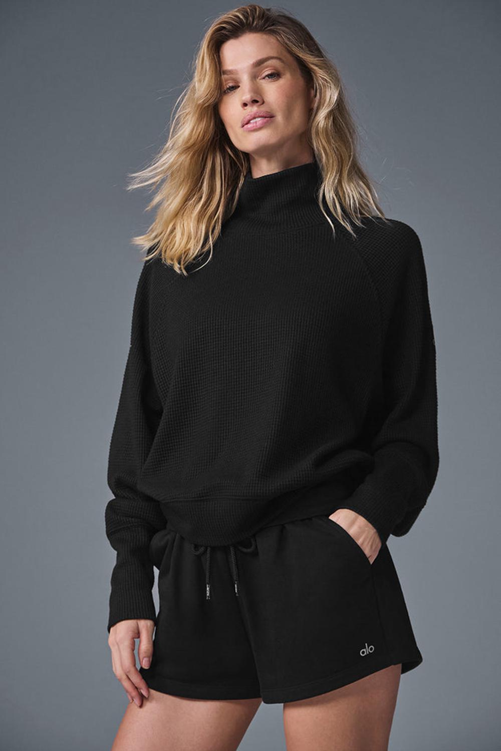 Black Women Alo Yoga Waffle Weekend Escape Mock Neck Long Sleeve | Australia  24581-BERZ