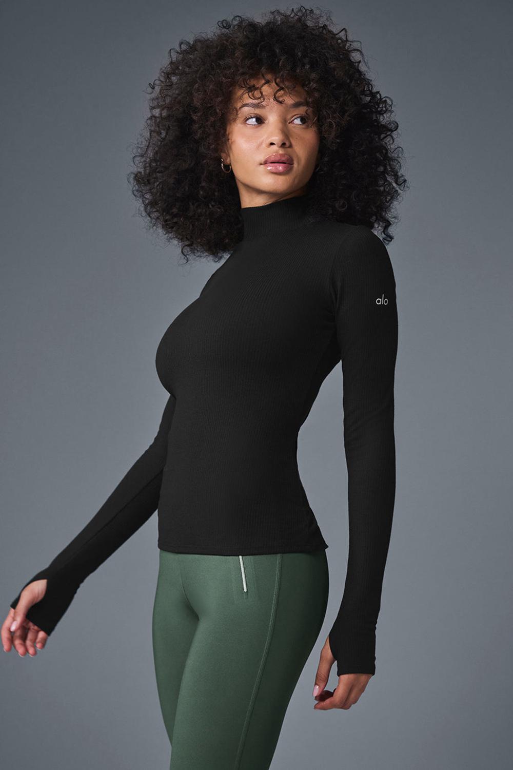 Black Women Alo Yoga Wellness Rib Mock Neck Long Sleeve | Australia  79560-CTDZ
