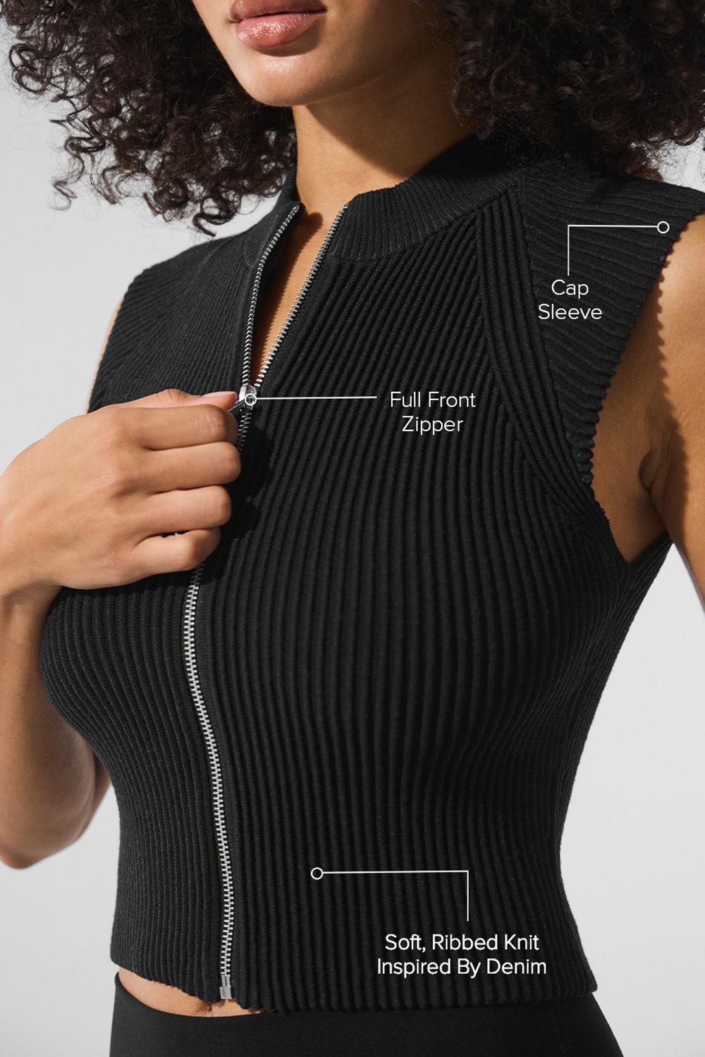 Black / Anthracite Women Alo Yoga Denim Knit Sleeveless Full Zip Top | Australia  18506-GATY