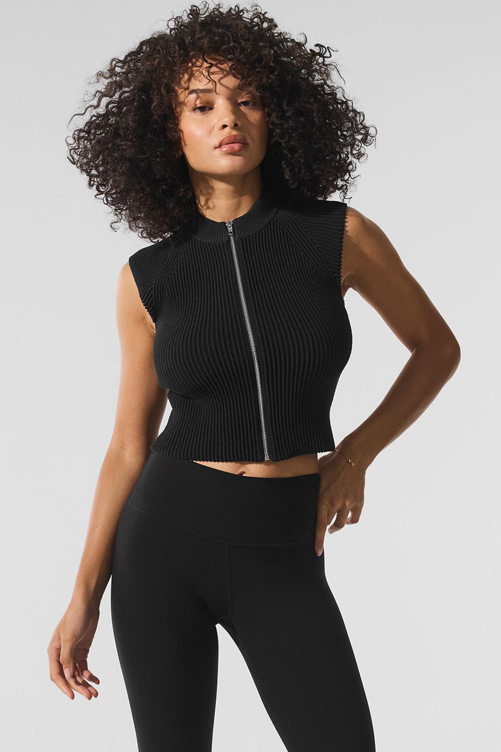 Black / Anthracite Women Alo Yoga Denim Knit Sleeveless Full Zip Top | Australia  18506-GATY