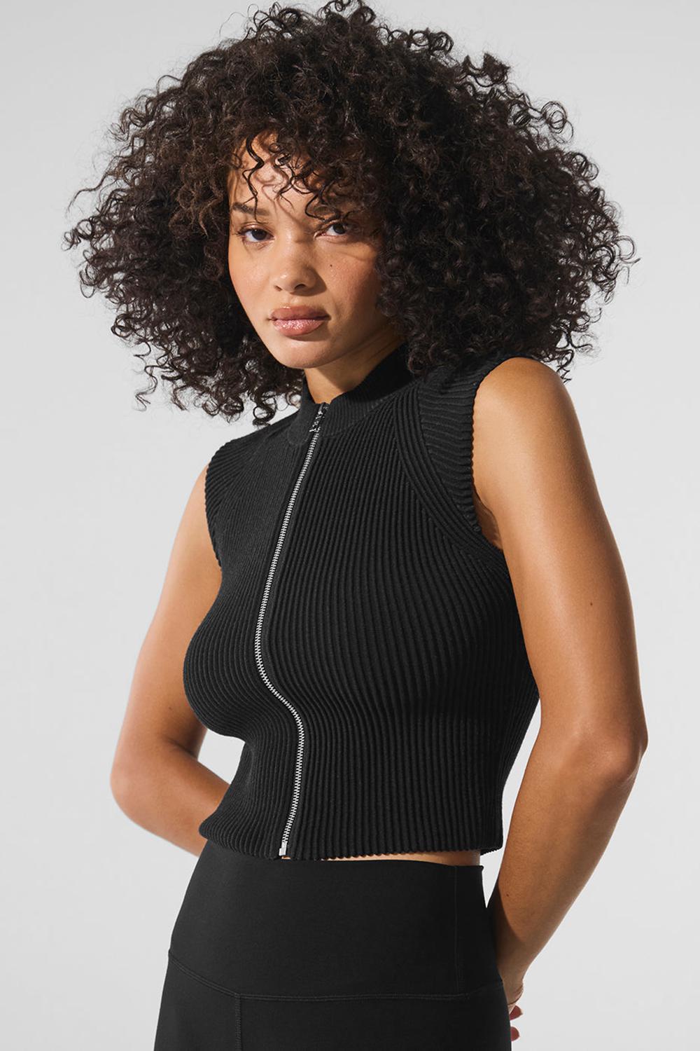 Black / Anthracite Women Alo Yoga Denim Knit Sleeveless Full Zip Top | Australia  18506-GATY