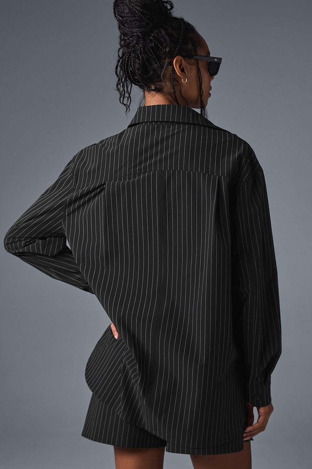 Black / Titanium Women Alo Yoga Pinstripe Daylight Button Down Long Sleeve | Australia  76914-LIWE
