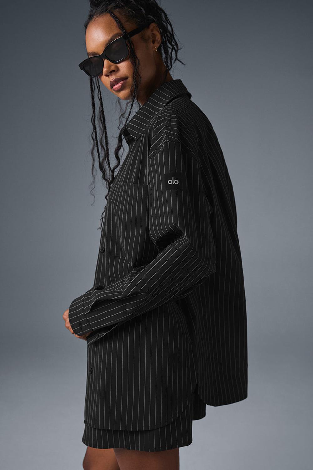 Black / Titanium Women Alo Yoga Pinstripe Daylight Button Down Long Sleeve | Australia  76914-LIWE