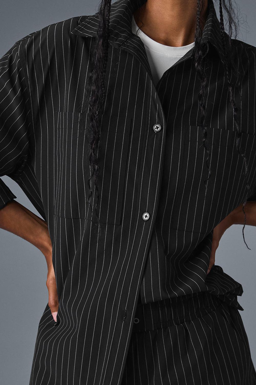 Black / Titanium Women Alo Yoga Pinstripe Daylight Button Down Long Sleeve | Australia  76914-LIWE