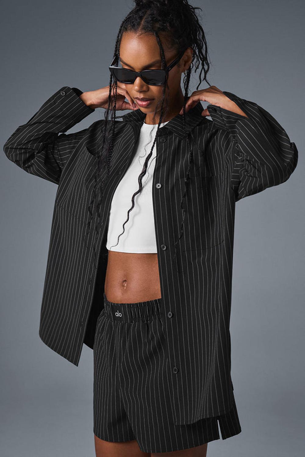 Black / Titanium Women Alo Yoga Pinstripe Daylight Button Down Long Sleeve | Australia  76914-LIWE