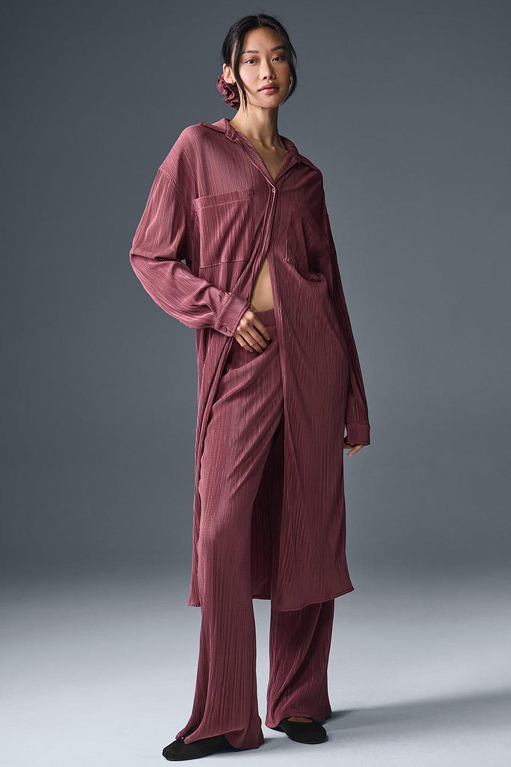 Burgundy Truffle Women Alo Yoga Micro Plisse Shirt Dress | Australia  87643-EDNI