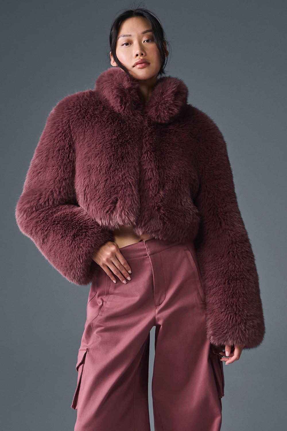 Burgundy Truffle Women Alo Yoga Opulent Faux Fur Cropped Jacket | Australia  30159-RMUT