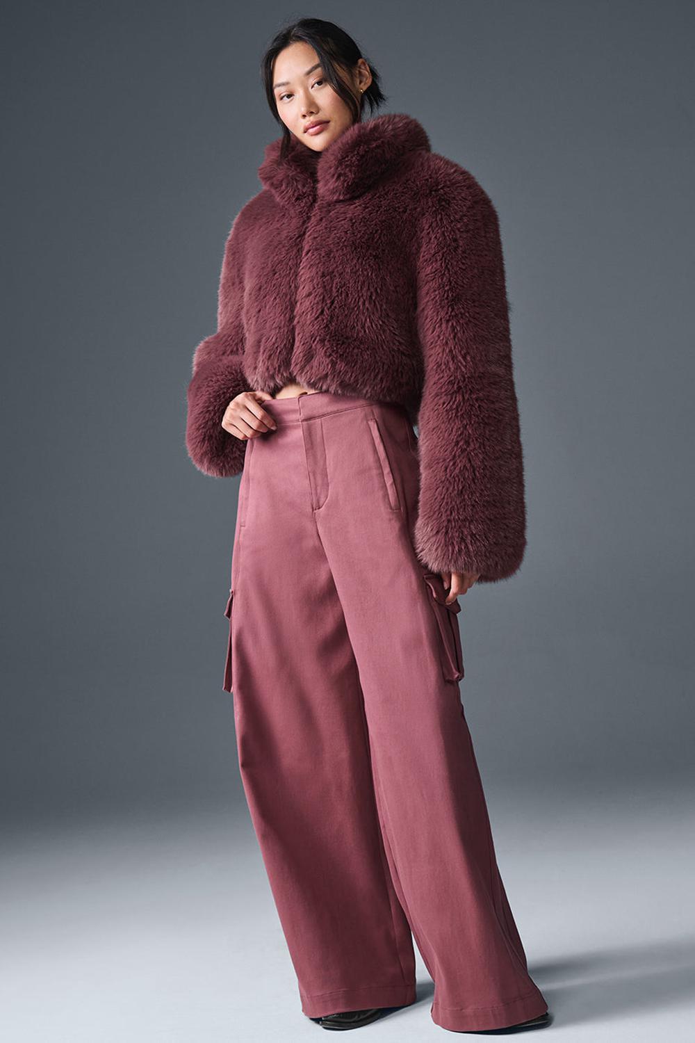 Burgundy Truffle Women Alo Yoga Opulent Faux Fur Cropped Jacket | Australia  30159-RMUT