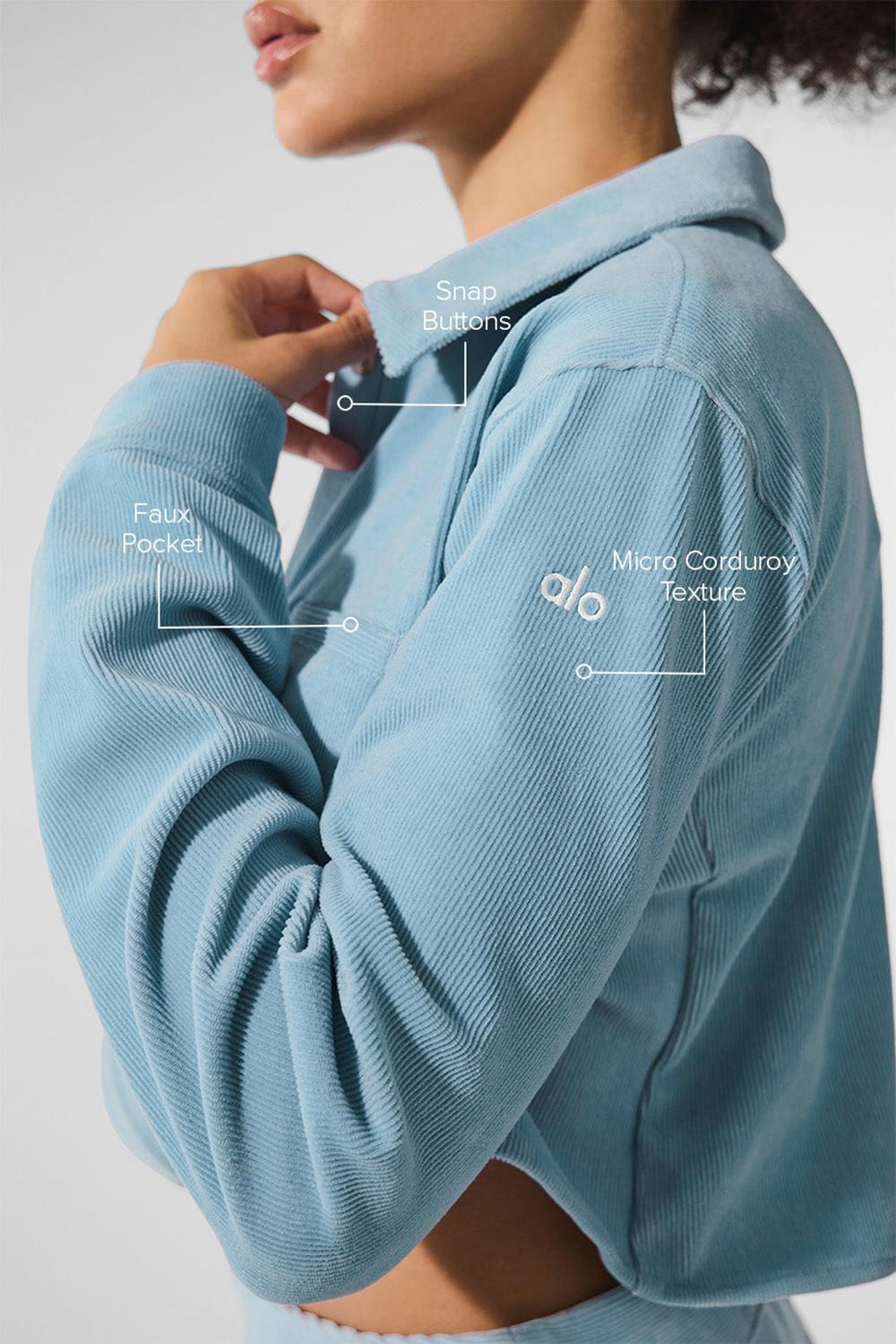 Celestial Blue Women Alo Yoga Micro Corduroy Dreamer Button Down Cropped Tops | Australia  74320-EGCA