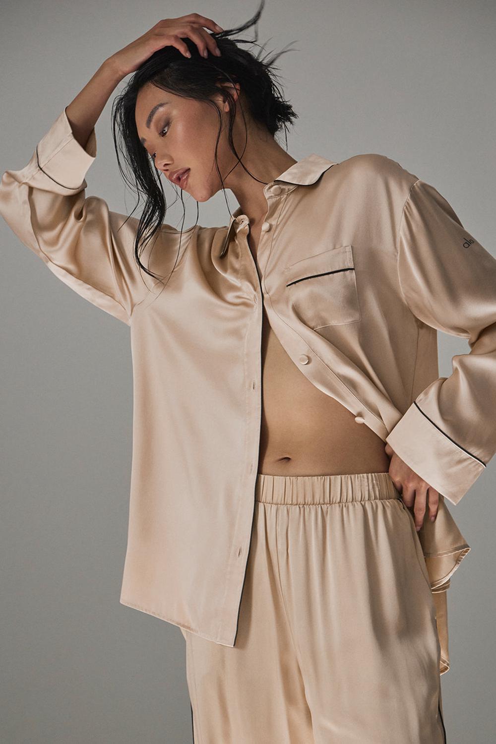 Champagne Pop / Black Women Alo Yoga Courchevel Silk Button Down Underwear | Australia  23546-SHWE