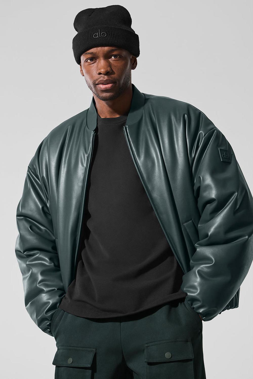 Charcoal Green Men Alo Yoga Faux Leather Premier Bomber Jacket | Australia  84563-ZWLM