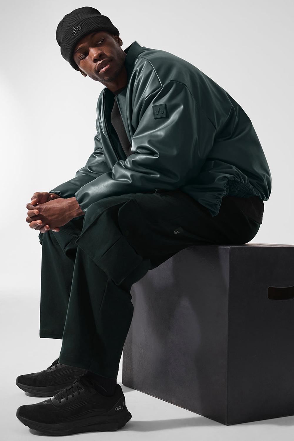 Charcoal Green Men Alo Yoga Faux Leather Premier Bomber Jacket | Australia  84563-ZWLM