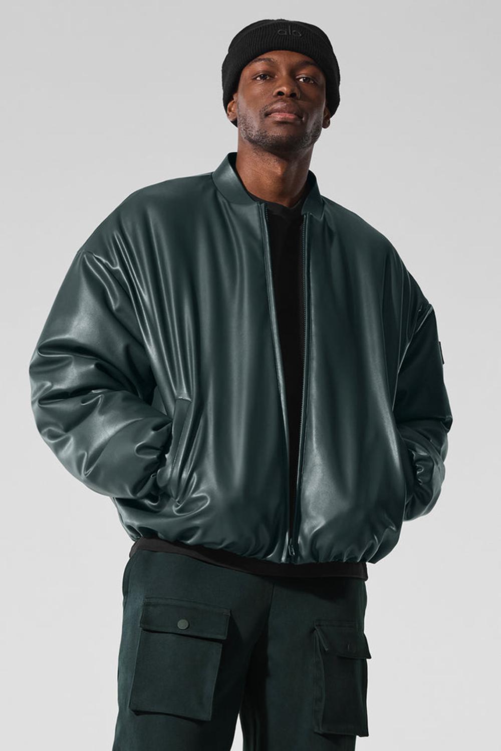 Charcoal Green Men Alo Yoga Faux Leather Premier Bomber Jacket | Australia  84563-ZWLM
