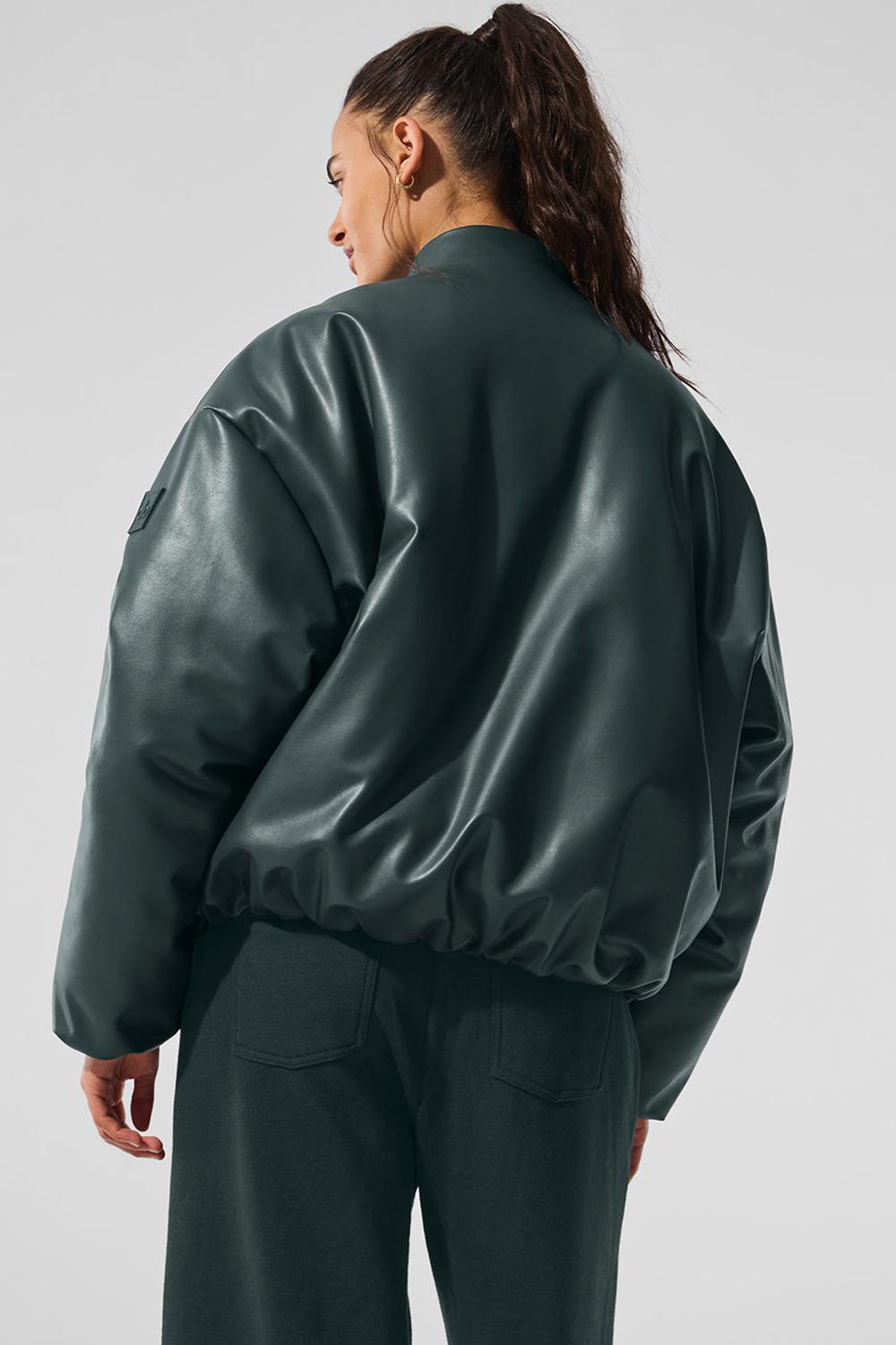 Charcoal Green Women Alo Yoga Faux Leather Premier Bomber Jacket | Australia  83540-AFLB