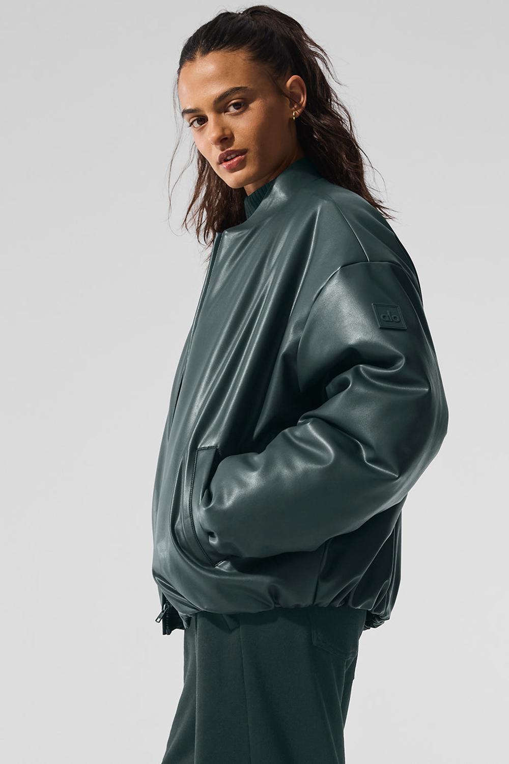 Charcoal Green Women Alo Yoga Faux Leather Premier Bomber Jacket | Australia  83540-AFLB