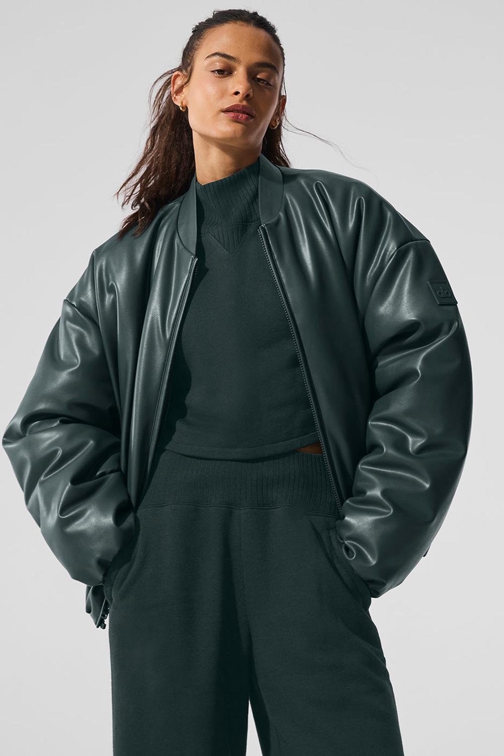 Charcoal Green Women Alo Yoga Faux Leather Premier Bomber Jacket | Australia  83540-AFLB