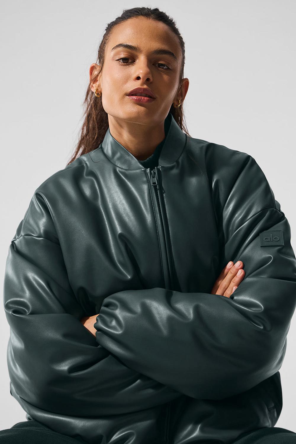 Charcoal Green Women Alo Yoga Faux Leather Premier Bomber Jacket | Australia  83540-AFLB