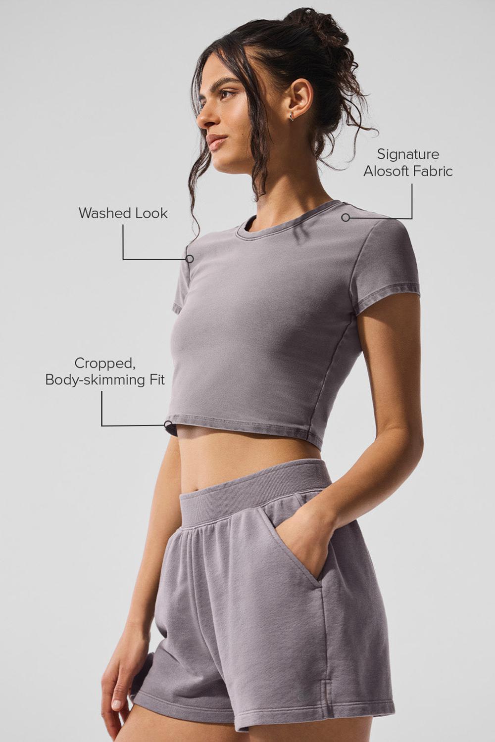 Cool Grey Wash Women Alo Yoga Washed Alosoft Crop Finesse Short Sleeve | Australia  95236-TYFU