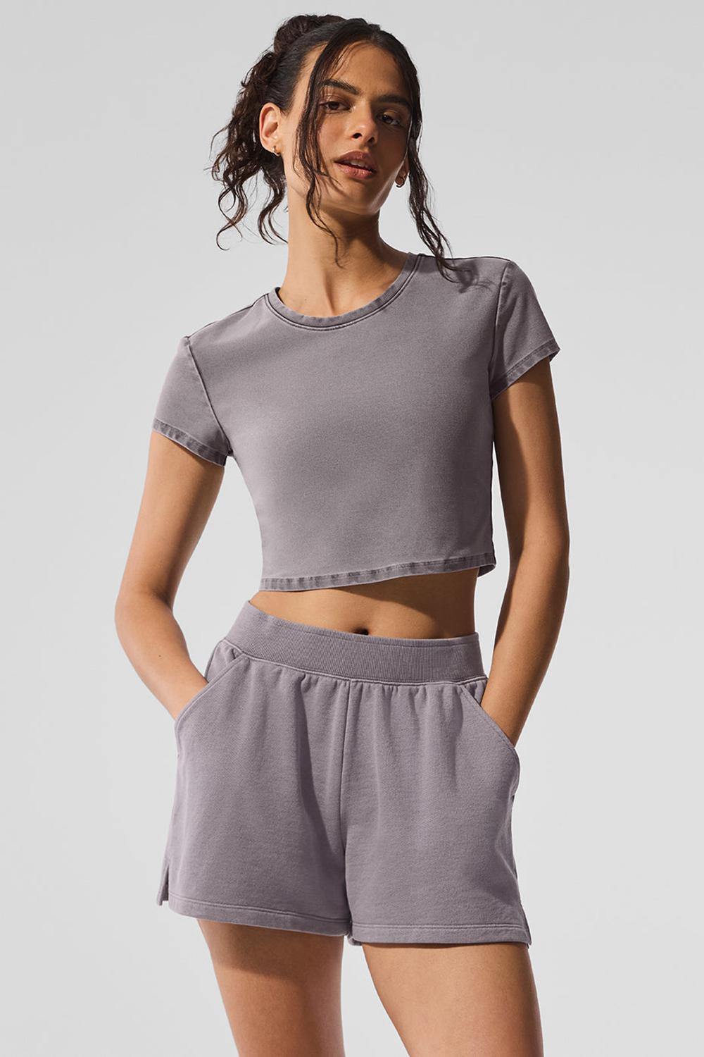 Cool Grey Wash Women Alo Yoga Washed Alosoft Crop Finesse Short Sleeve | Australia  95236-TYFU