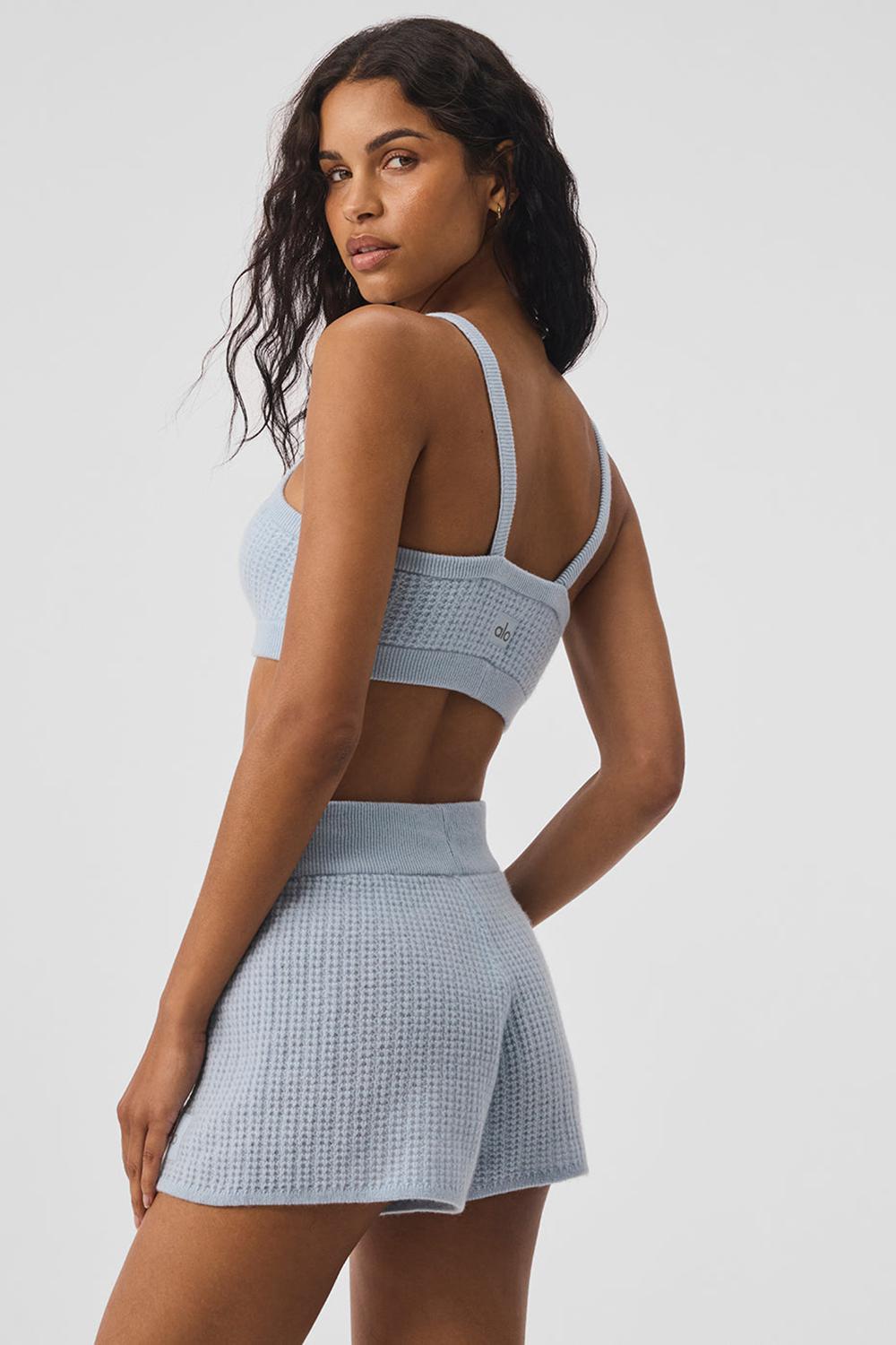 Crystal Blue Women Alo Yoga Cashmere Plush Waffle V-Neck Bra | Australia  64750-FLJN