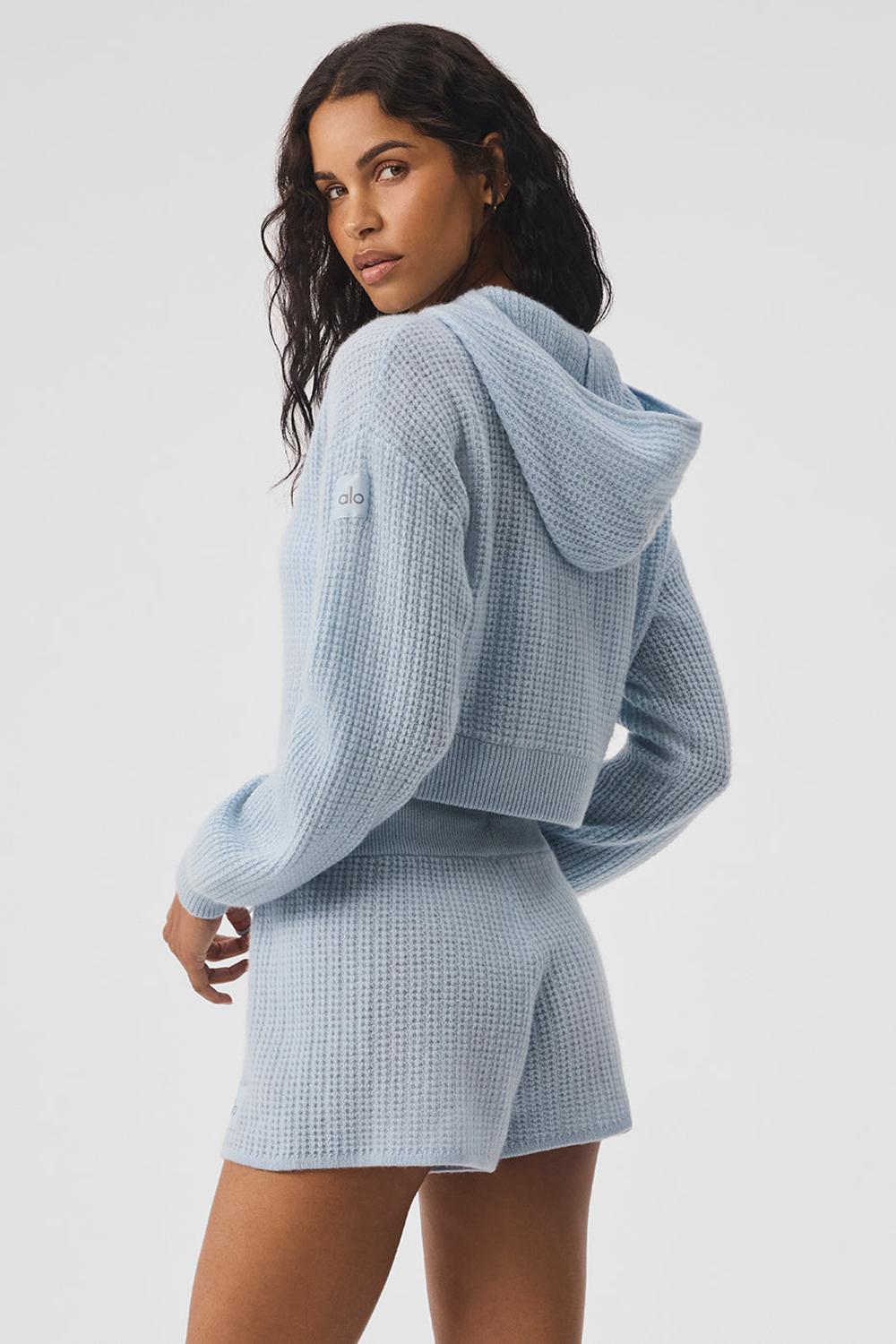 Crystal Blue Women Alo Yoga Cashmere Plush Waffle Full Zip Hoodie | Australia  58064-WRYJ