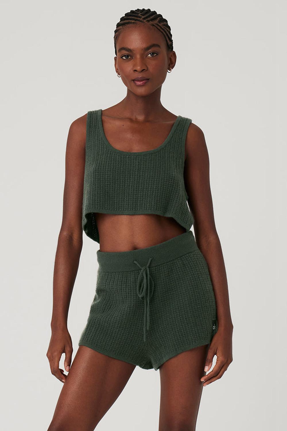 Dark Cactus Women Alo Yoga Cashmere Plush Waffle Cropped Tank | Australia  35190-XAHT