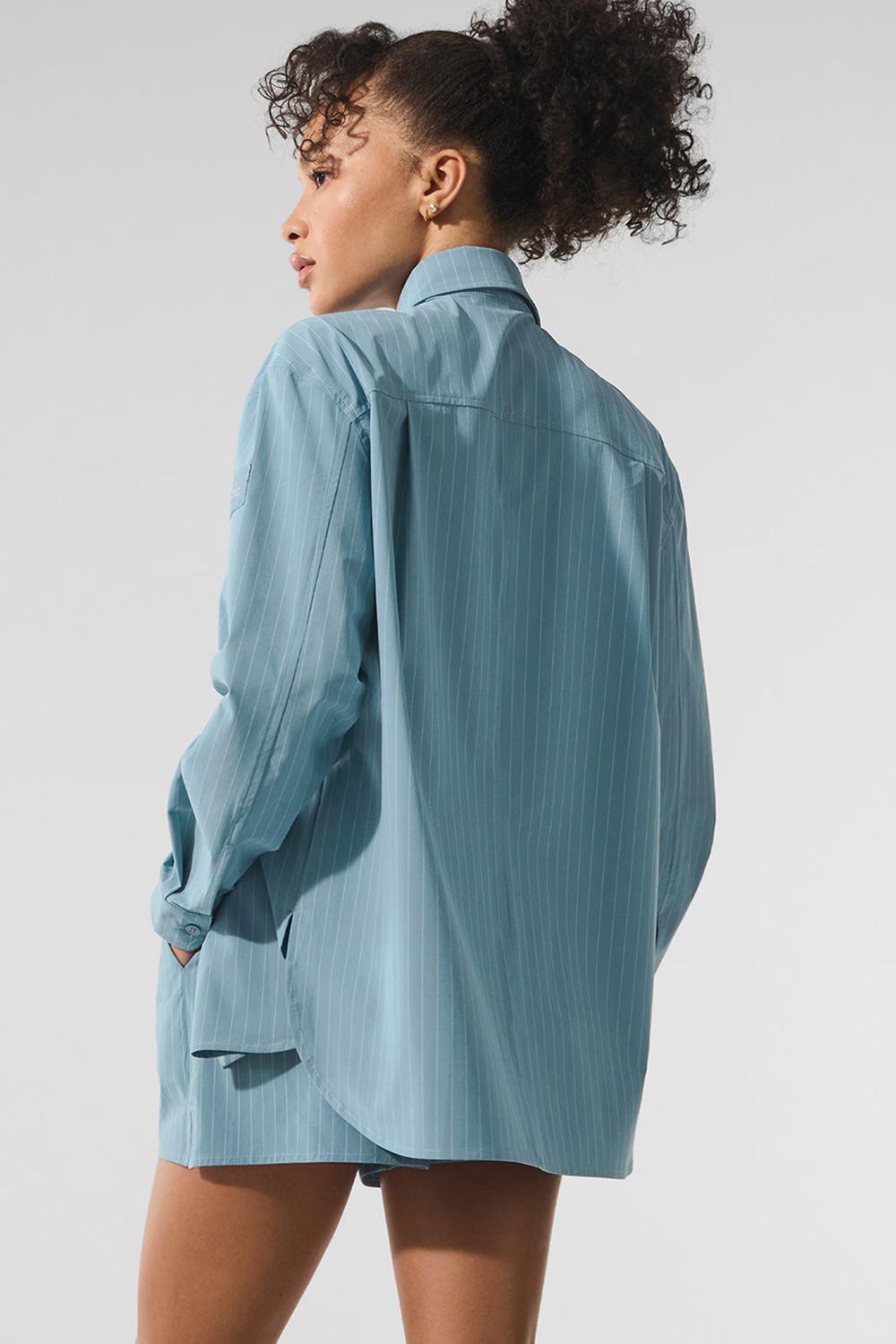 Dark Celestial Blue / White Women Alo Yoga Pinstripe Daylight Button Down Long Sleeve | Australia  10723-LSKE