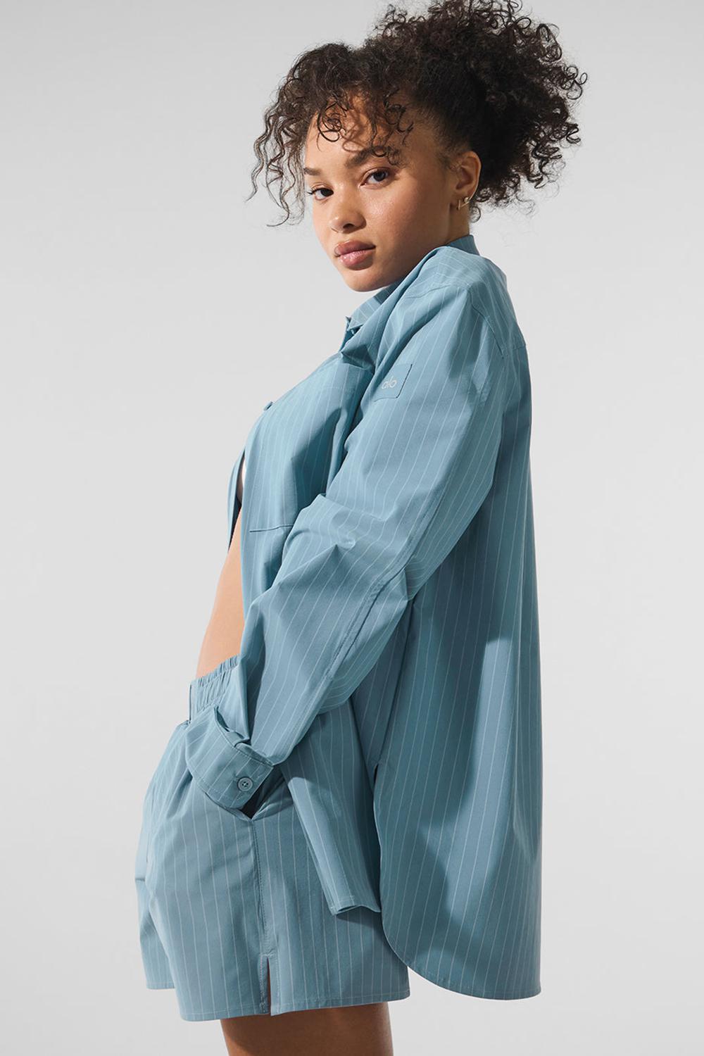 Dark Celestial Blue / White Women Alo Yoga Pinstripe Daylight Button Down Long Sleeve | Australia  10723-LSKE