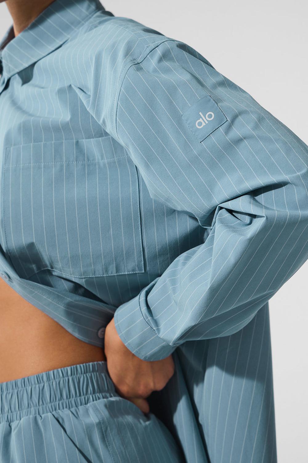 Dark Celestial Blue / White Women Alo Yoga Pinstripe Daylight Button Down Long Sleeve | Australia  10723-LSKE