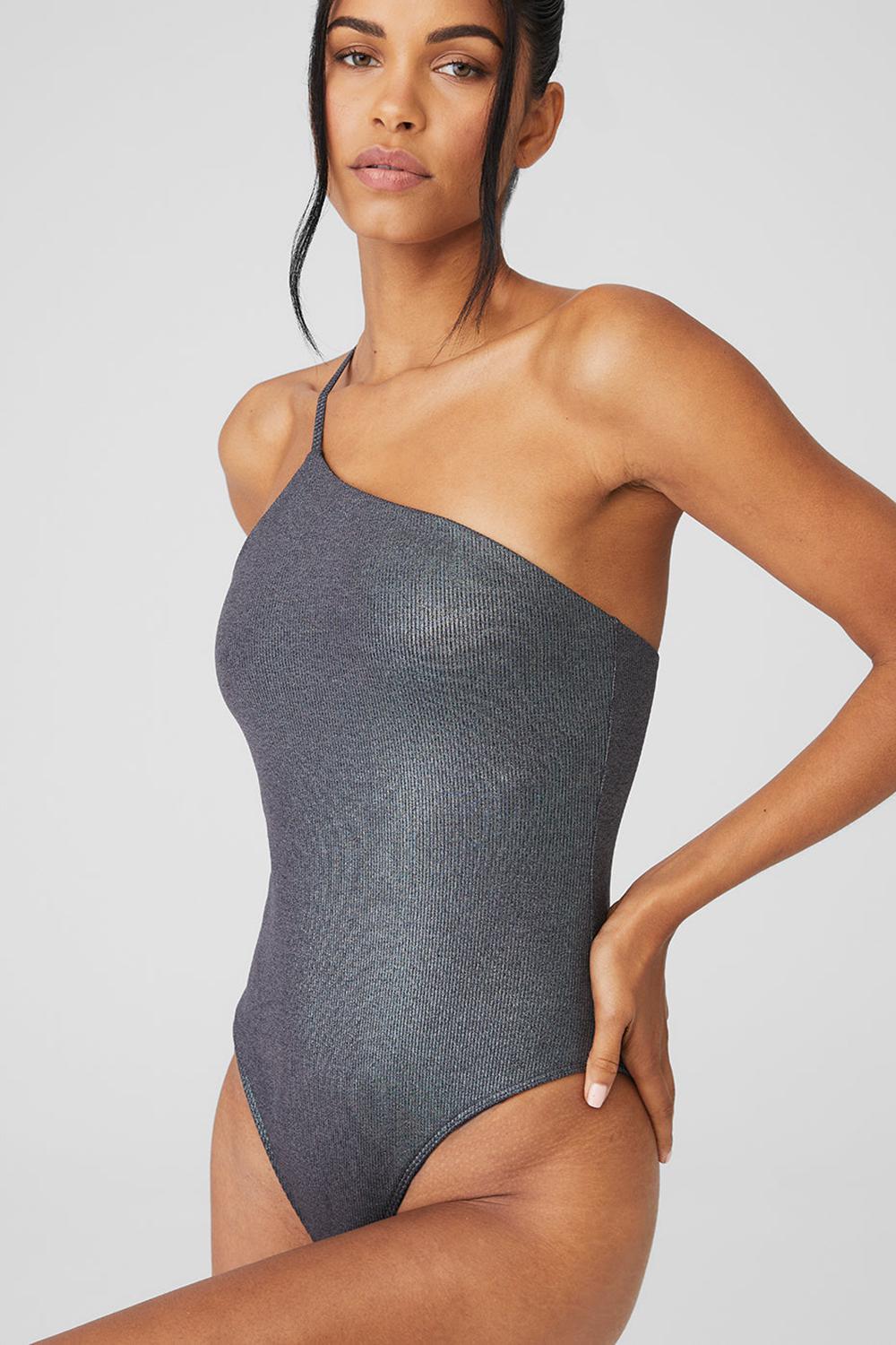 Dark Grey Iridescent Women Alo Yoga Alosoft Ribbed Shimmer Plie Bodysuit | Australia  59804-JGCP
