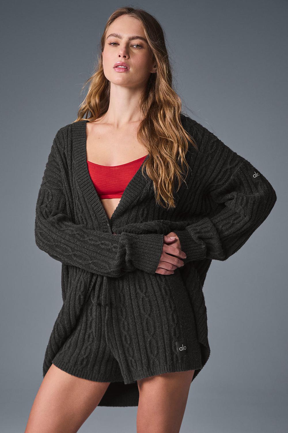 Dark Heather Grey Women Alo Yoga Cable Knit Winter Bliss Cardigan | Australia  05418-KRLU