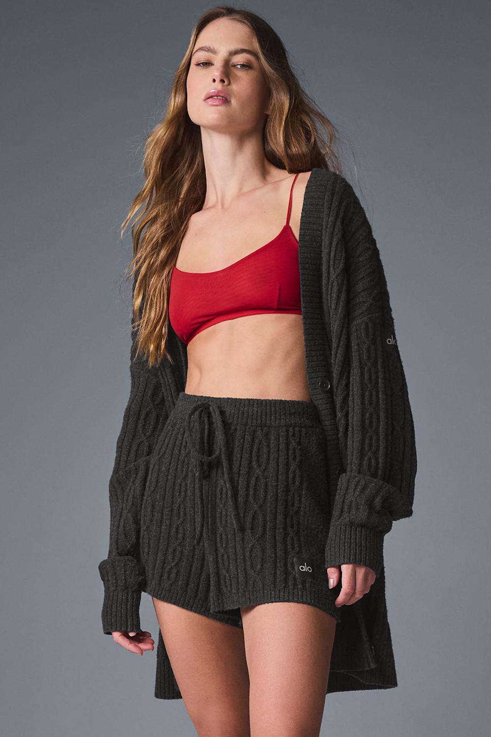 Dark Heather Grey Women Alo Yoga Cable Knit Winter Bliss Cardigan | Australia  05418-KRLU