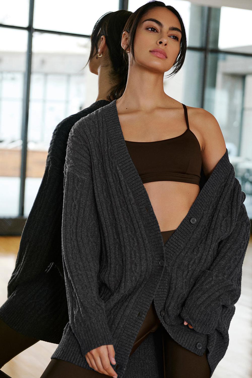Dark Heather Grey Women Alo Yoga Cable Knit Winter Bliss Cardigan | Australia  05418-KRLU