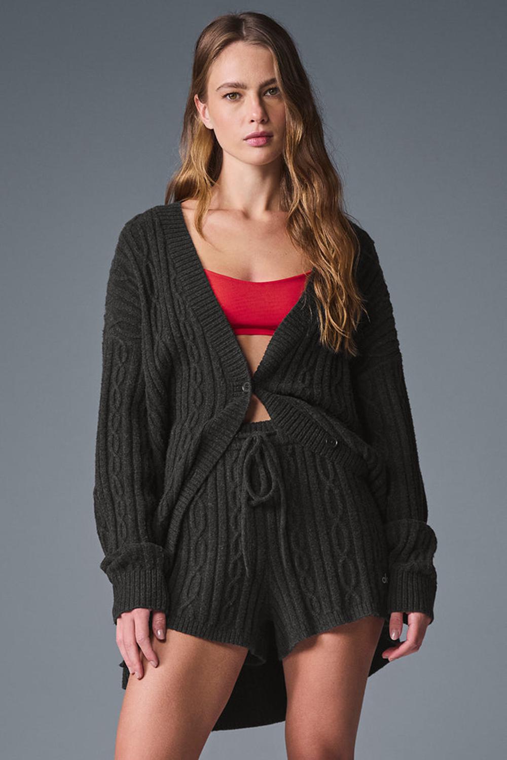 Dark Heather Grey Women Alo Yoga Cable Knit Winter Bliss Cardigan | Australia  05418-KRLU
