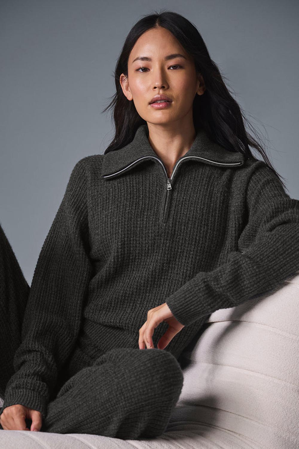Dark Heather Grey Women Alo Yoga Cashmere Plush Waffle 1/4 Zip Pullover | Australia  31568-XSYQ
