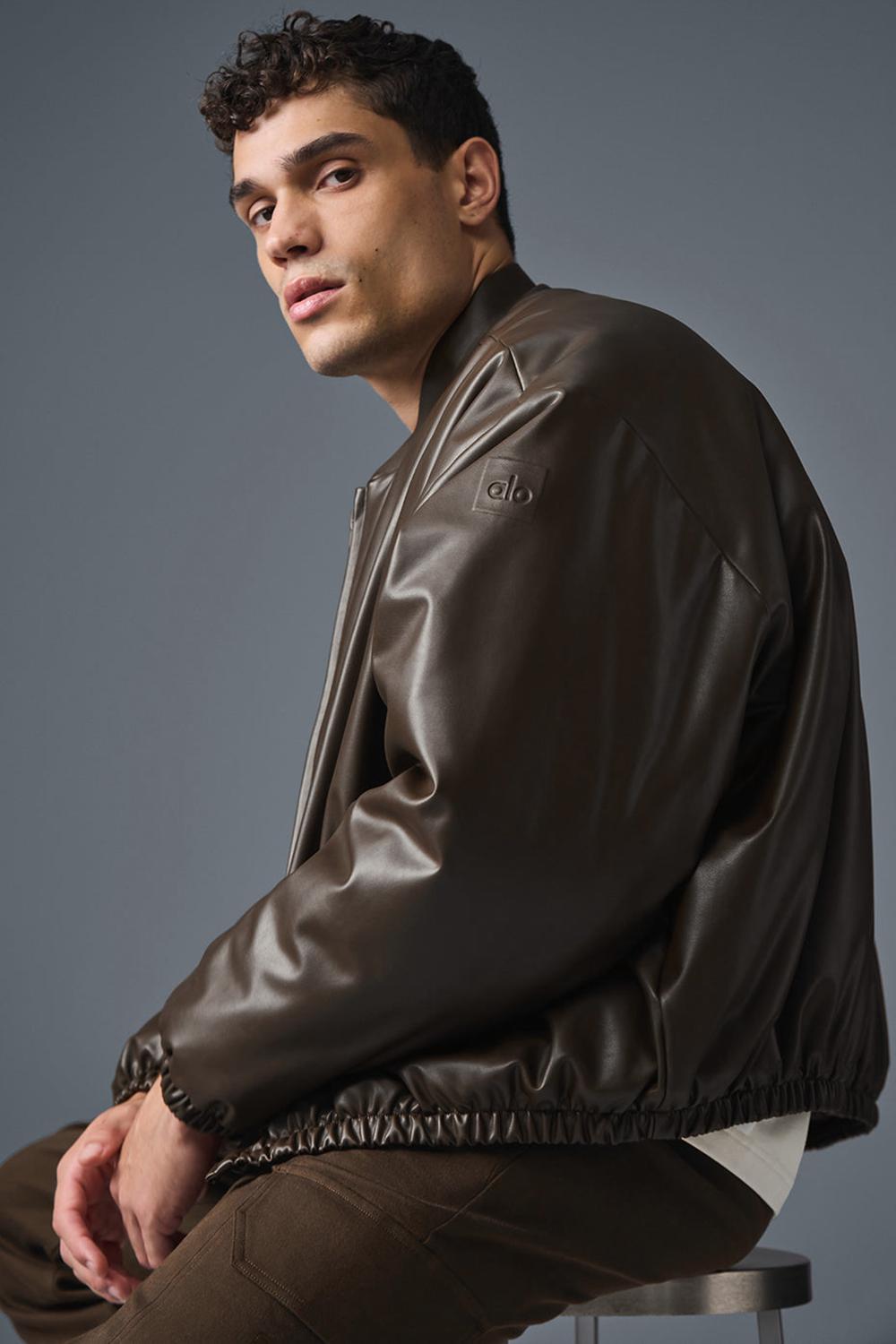 Espresso Men Alo Yoga Faux Leather Premier Bomber Jacket | Australia  30486-ZAKS