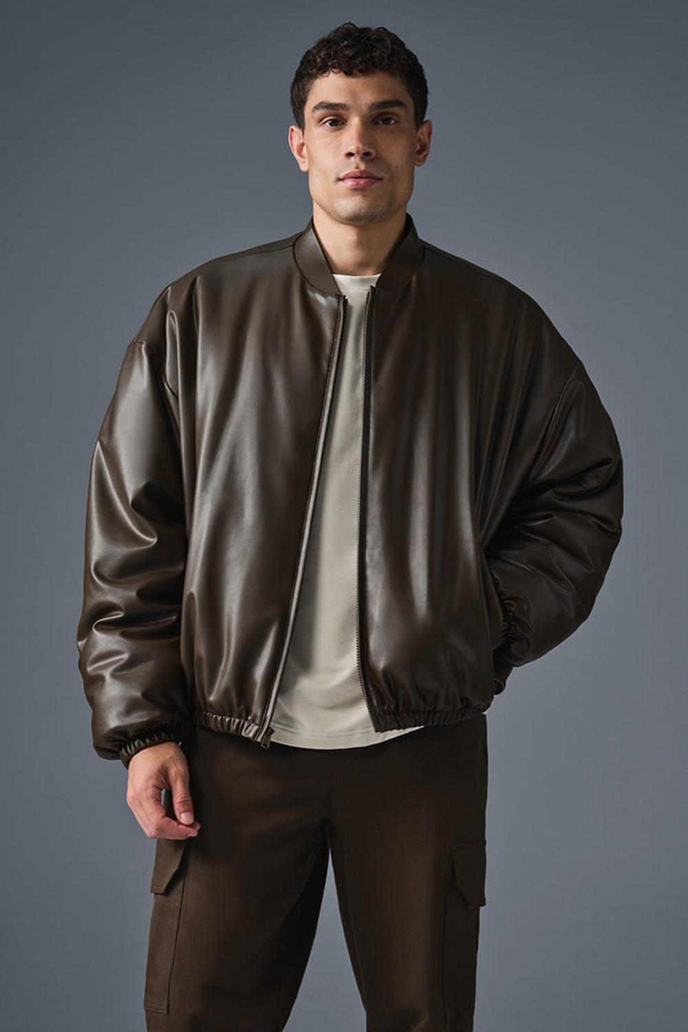 Espresso Men Alo Yoga Faux Leather Premier Bomber Jacket | Australia  30486-ZAKS