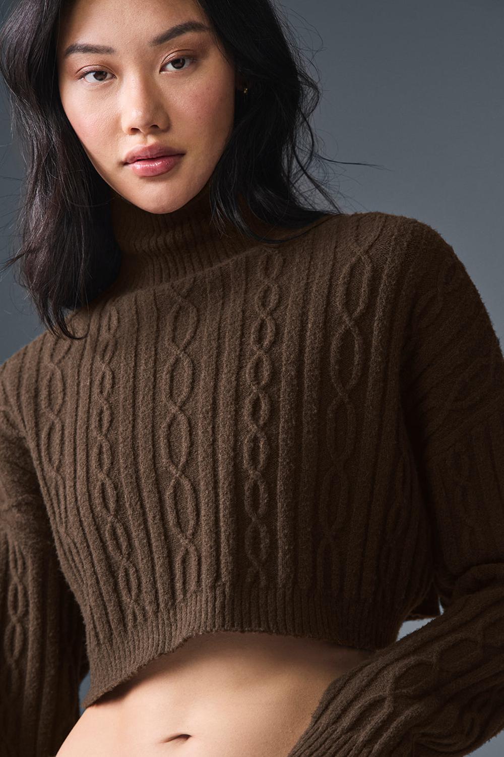Espresso Women Alo Yoga Cable Knit Cropped Winter Bliss Turtleneck Long Sleeve | Australia  86013-YUKV