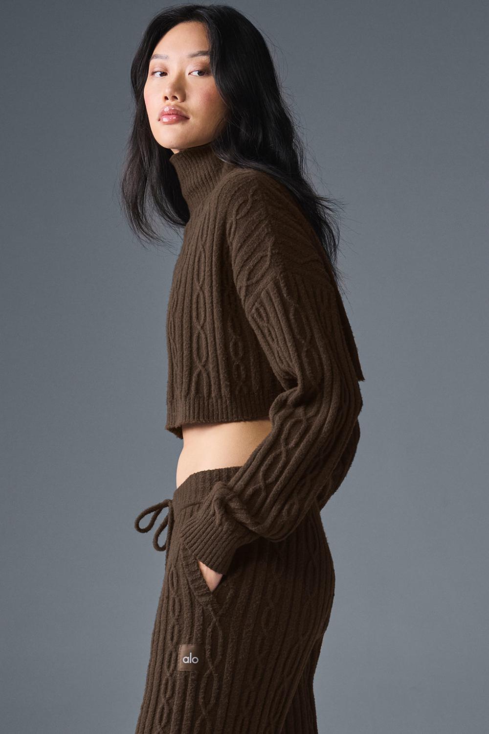 Espresso Women Alo Yoga Cable Knit Cropped Winter Bliss Turtleneck Long Sleeve | Australia  86013-YUKV