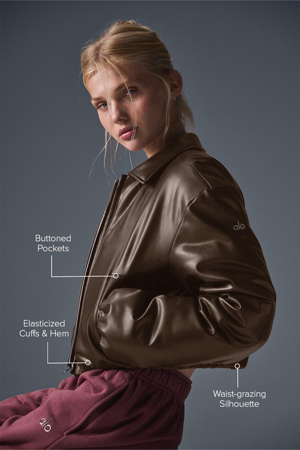 Espresso Women Alo Yoga Faux Leather Cropped Premier Bomber Jacket | Australia  93268-QROJ