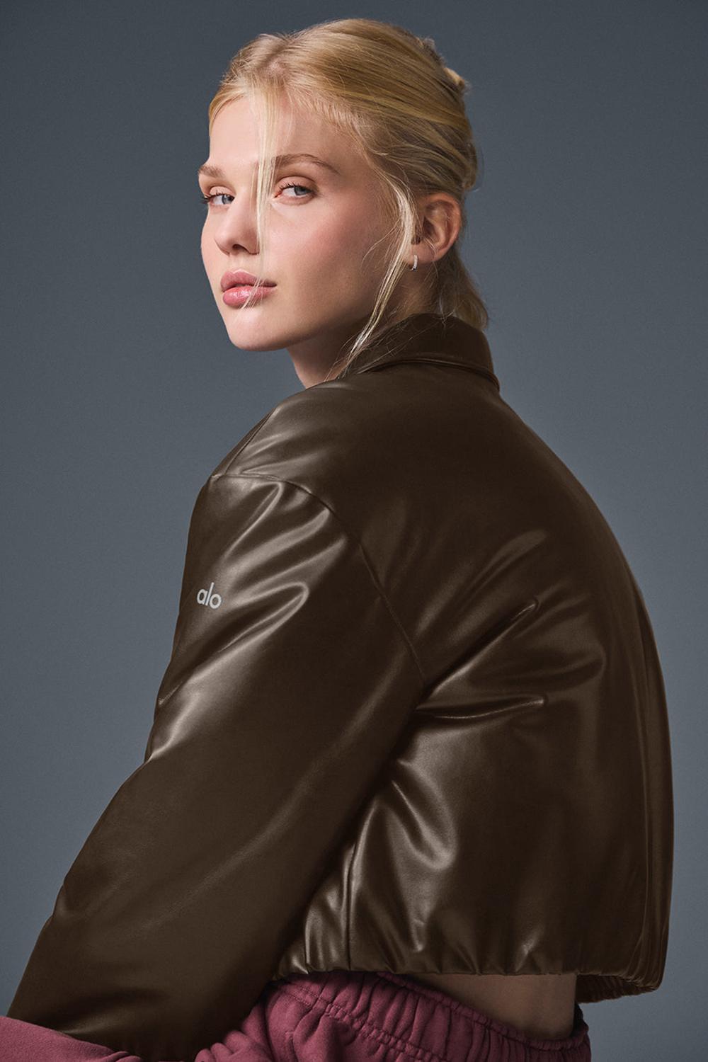 Espresso Women Alo Yoga Faux Leather Cropped Premier Bomber Jacket | Australia  93268-QROJ