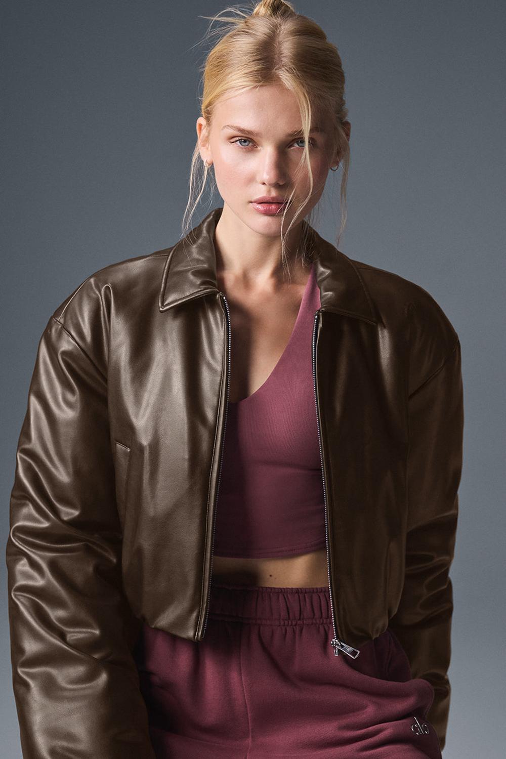 Espresso Women Alo Yoga Faux Leather Cropped Premier Bomber Jacket | Australia  93268-QROJ