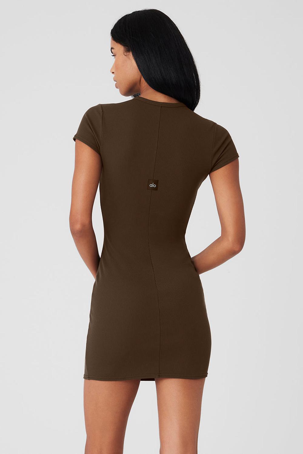 Espresso Women Alo Yoga Goddess Ribbed Short Sleeve Dress | Australia  94253-WRFJ