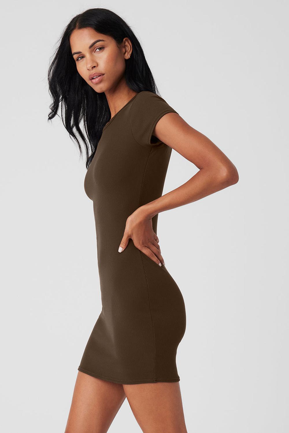Espresso Women Alo Yoga Goddess Ribbed Short Sleeve Dress | Australia  94253-WRFJ